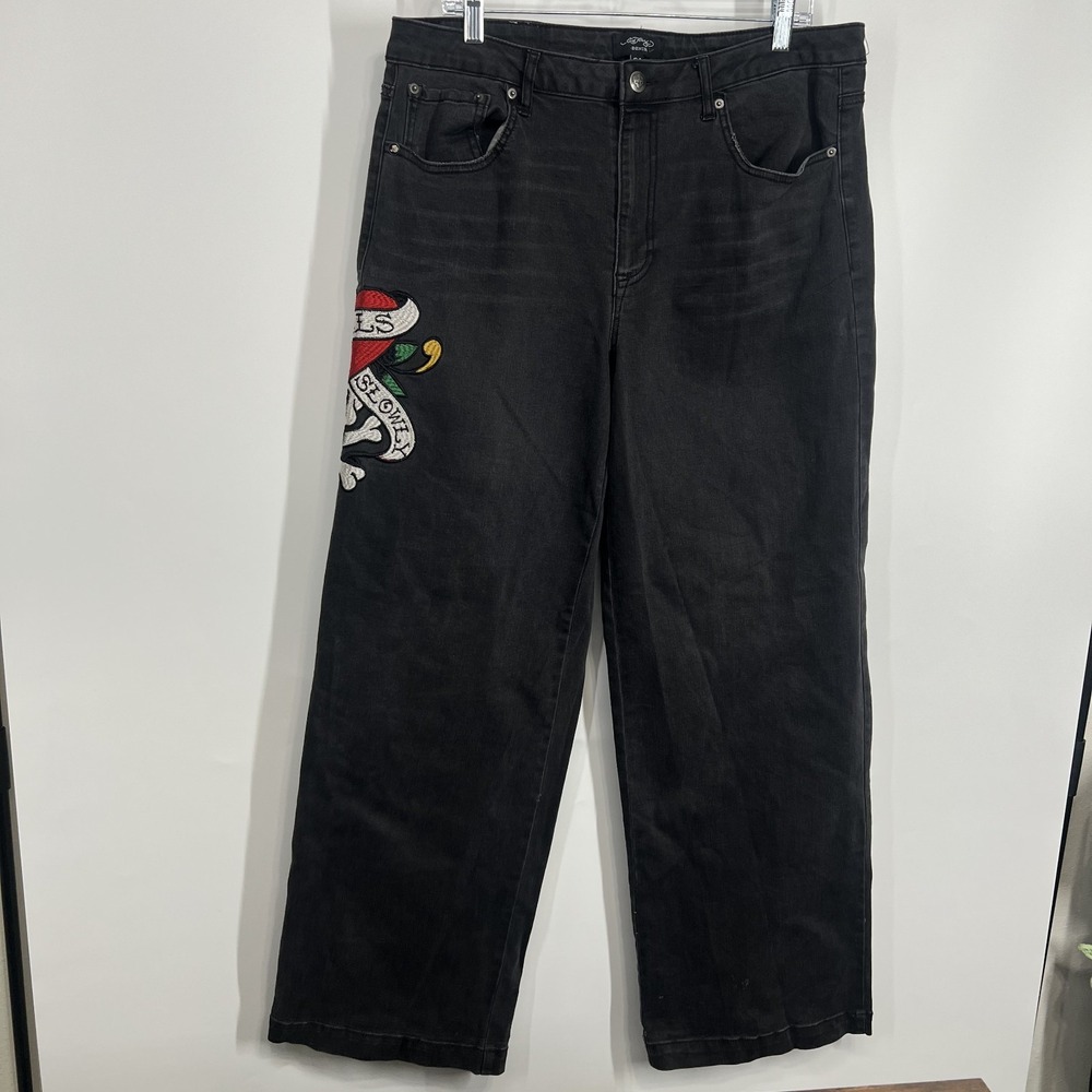 Ed Hardy Jeans Womens 34 Black Wide Leg Embroidered Skull Tattoo Raw Hem Denim